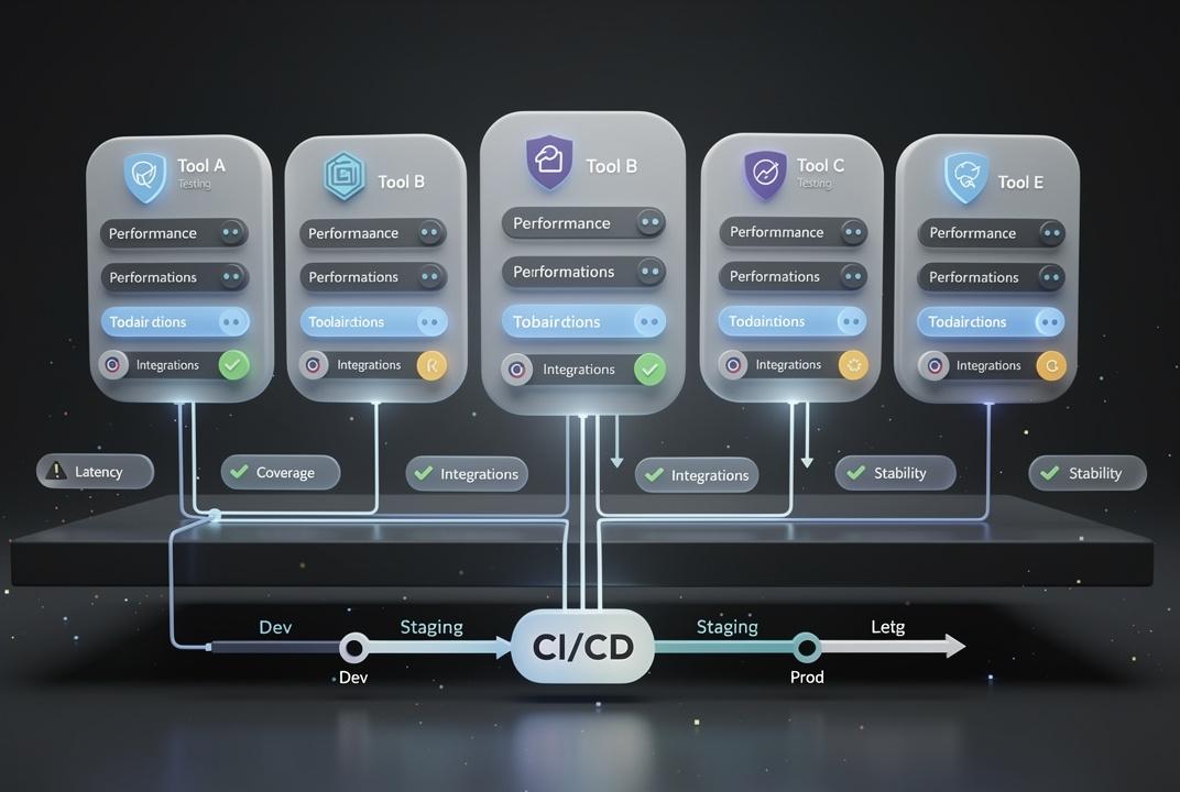 Pipeline CI/CD estilizado en 3D con nodos de testing IA integrados progresivamente, puertas de calidad y flujo de despliegue sobre fondo navy.